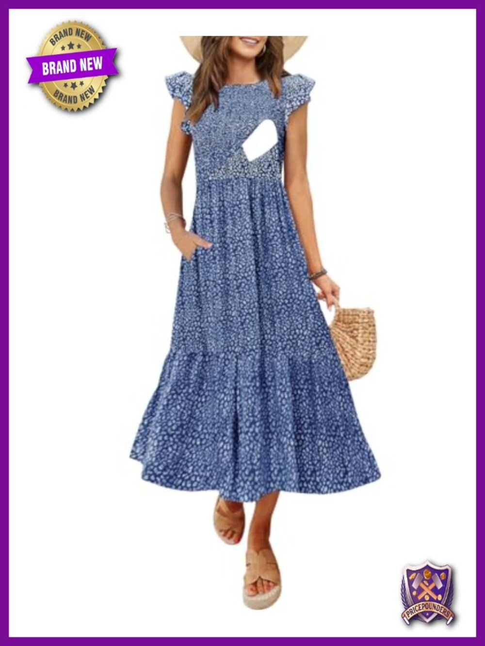 Nursing Dress Flutter Short Sleeve Crew Neck Smocked Elastic Waist Tiered Midi